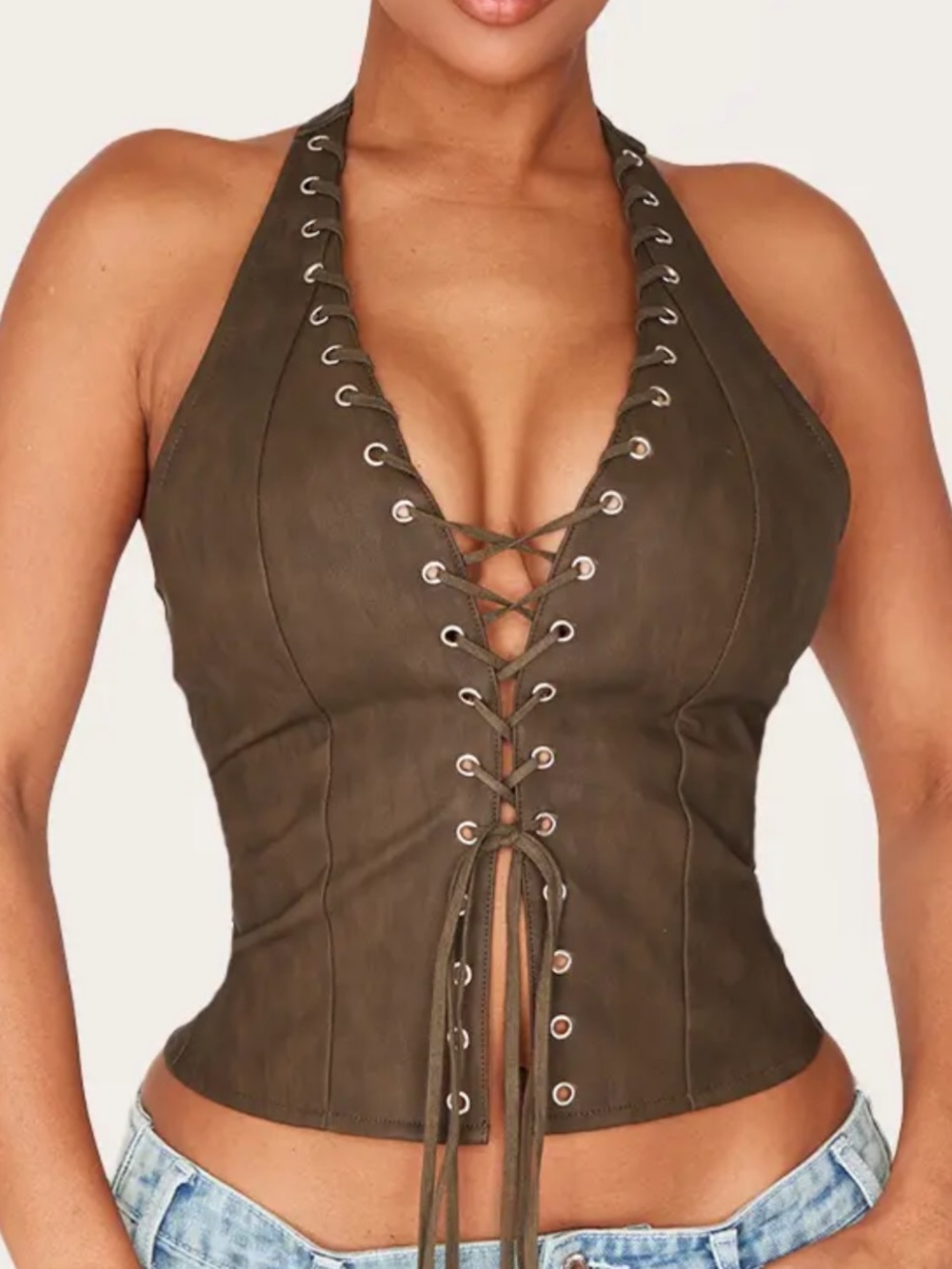 Pretty Little Thing - SHAPE OLIVE WASHED FAUX LEATHER HALTER NECK LACE UP CORSET